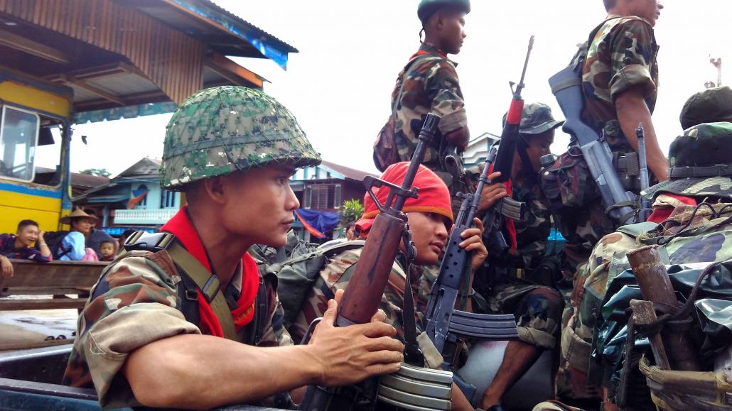 A Border Guard Force on patrol in Kayin State following recent clashes. (Thi Kha / Frontier)