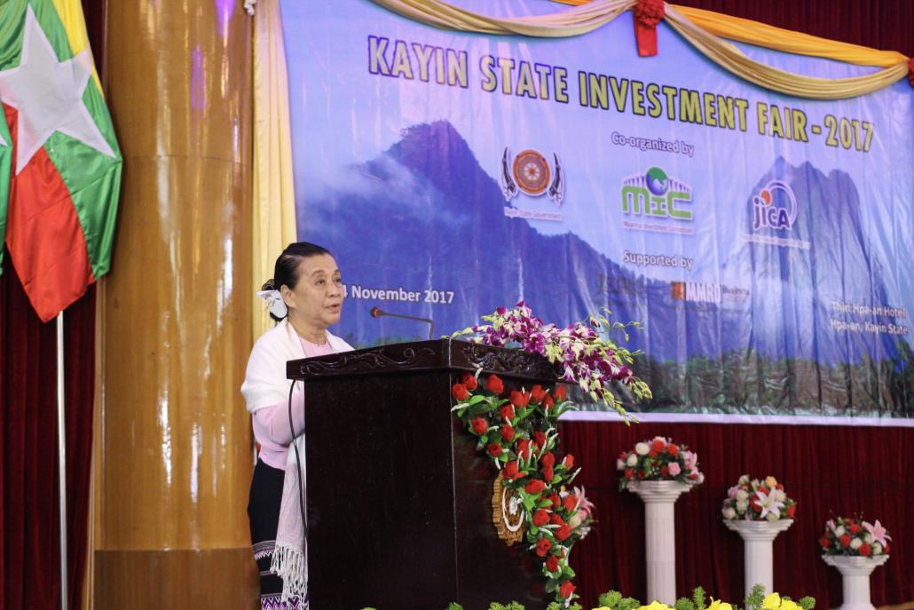 Daw Nang Khin Htwe Myint speaks at the Kayin State Investment Fair, held in Hpa-An Township in November. (Nyein Su Wai Kyaw Soe | Frontier)