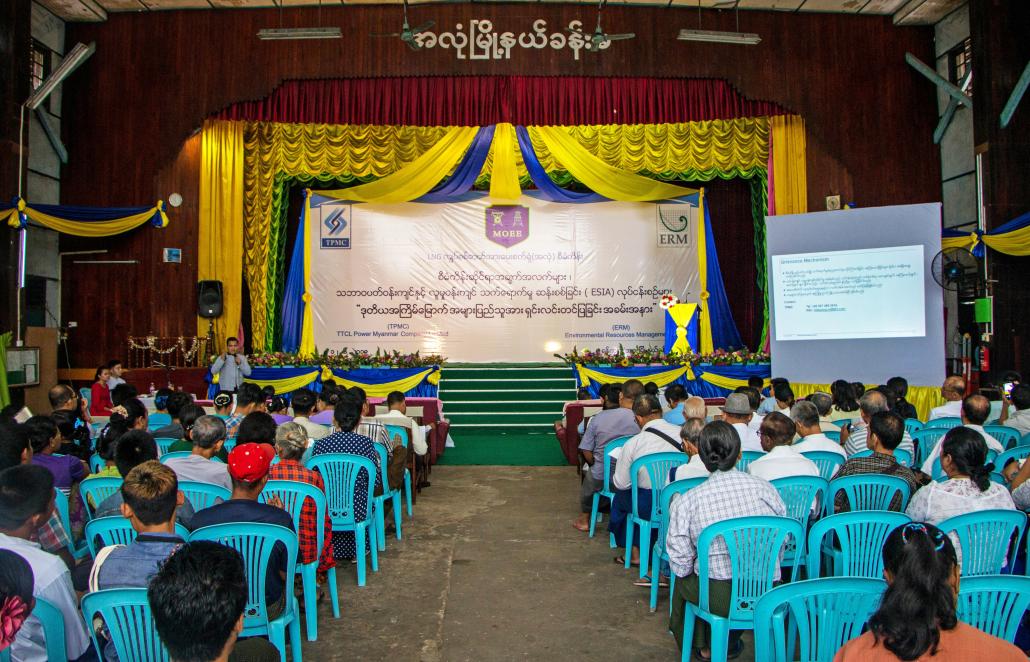 TTCL Myanmar Power Co Ltd general manager U Htet Aung Mon speaks at a consultation in Ahlone on June 12 as part of the Environmental and Social Impact Assessment for its LNG project. (Thuya Zaw | Frontier)