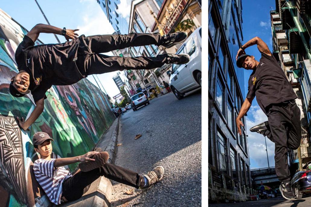 B-boy Nanda Moe (bottom) and B-boy Ye Yint Moe (top and left), pose near the Myay Nyi Gone Bridge.