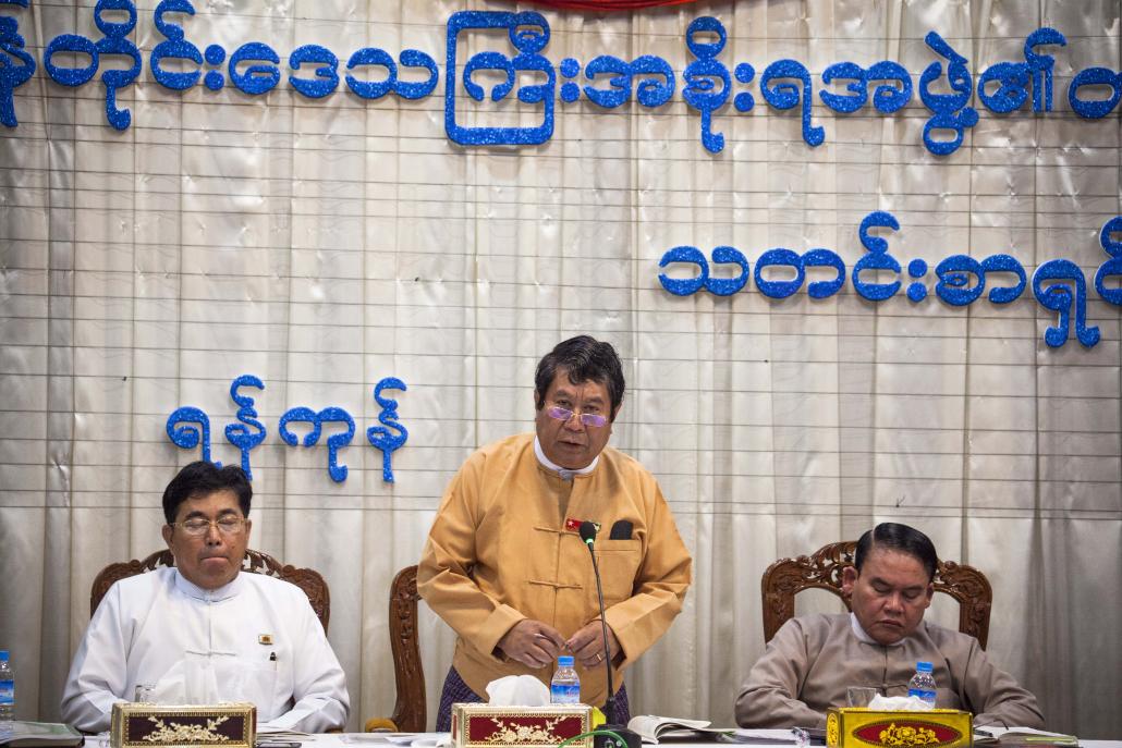 From left, ministers U Zaw Aye Maung, U Maung Maung Soe and U Han Tun. (Theint Mon Soe aka J | Frontier)