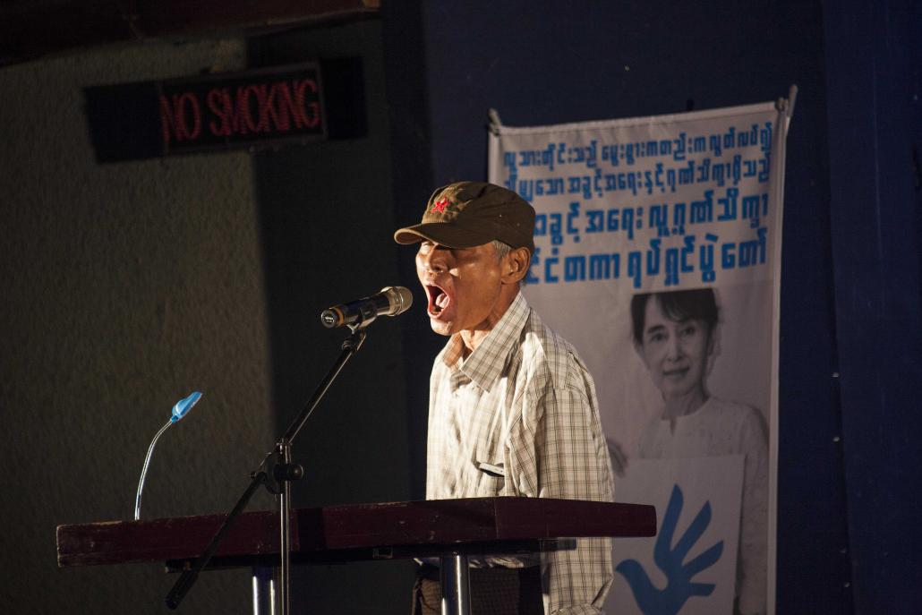 Aung Cheimt onstage at this year's Human Rights Human Dignity Film Festival. (Theint Mon Soe aka J | Frontier)