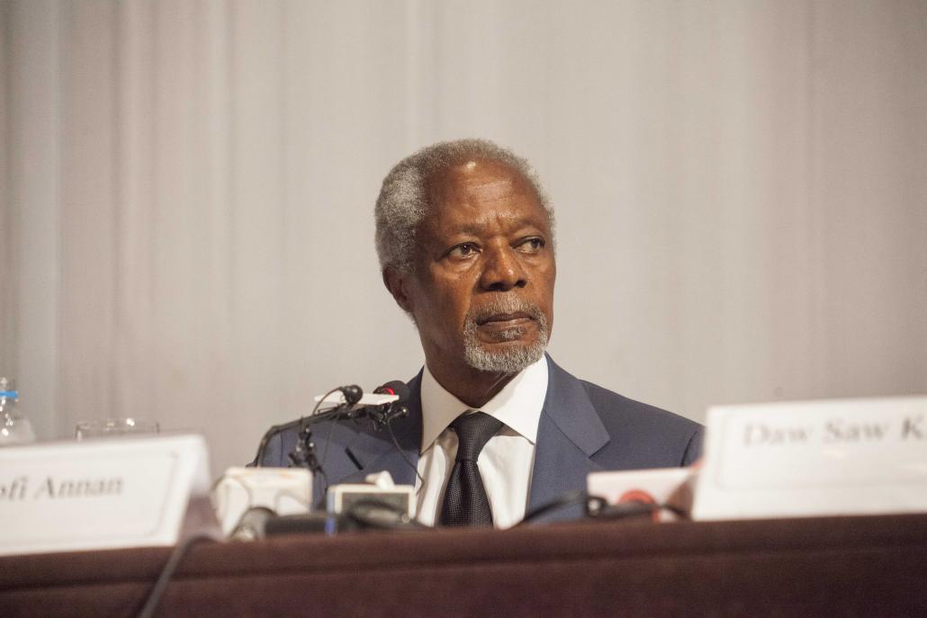 Kofi Annan, head of the Advisory Commission on Rakhine State, at the press conference to submit its final report in Yangon on August 24. (Theint Mon Soe aka J | Frontier)