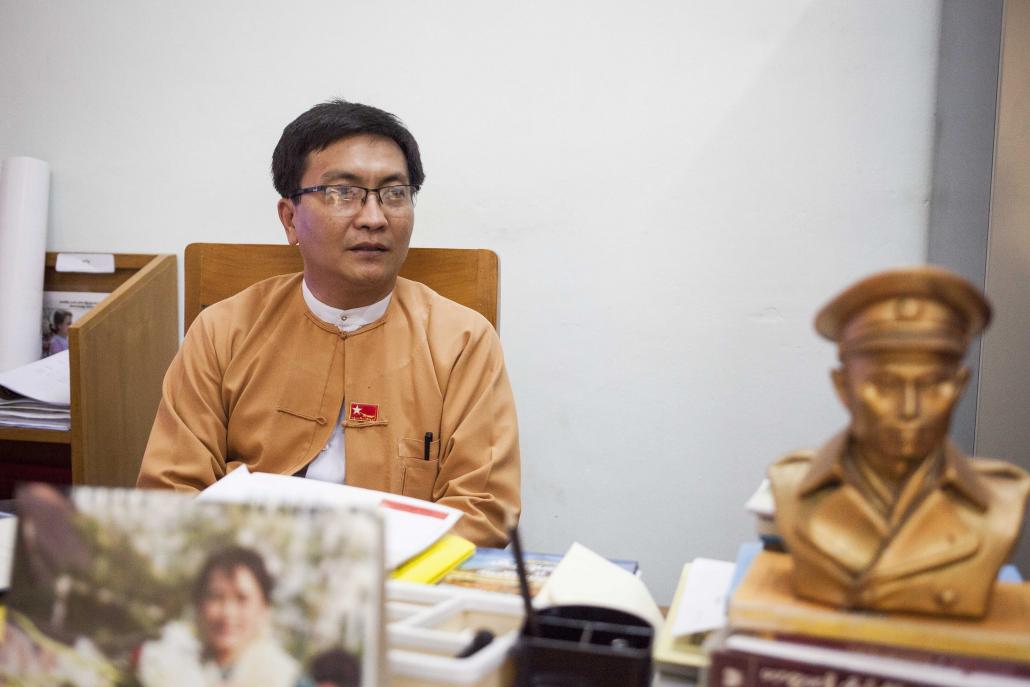 Magway Region Minister for Labour, Immigration and Population U Nay Myo Kyaw speaks to Frontier in his office on April 28. (Theint Mon Soe aka J | Frontier)