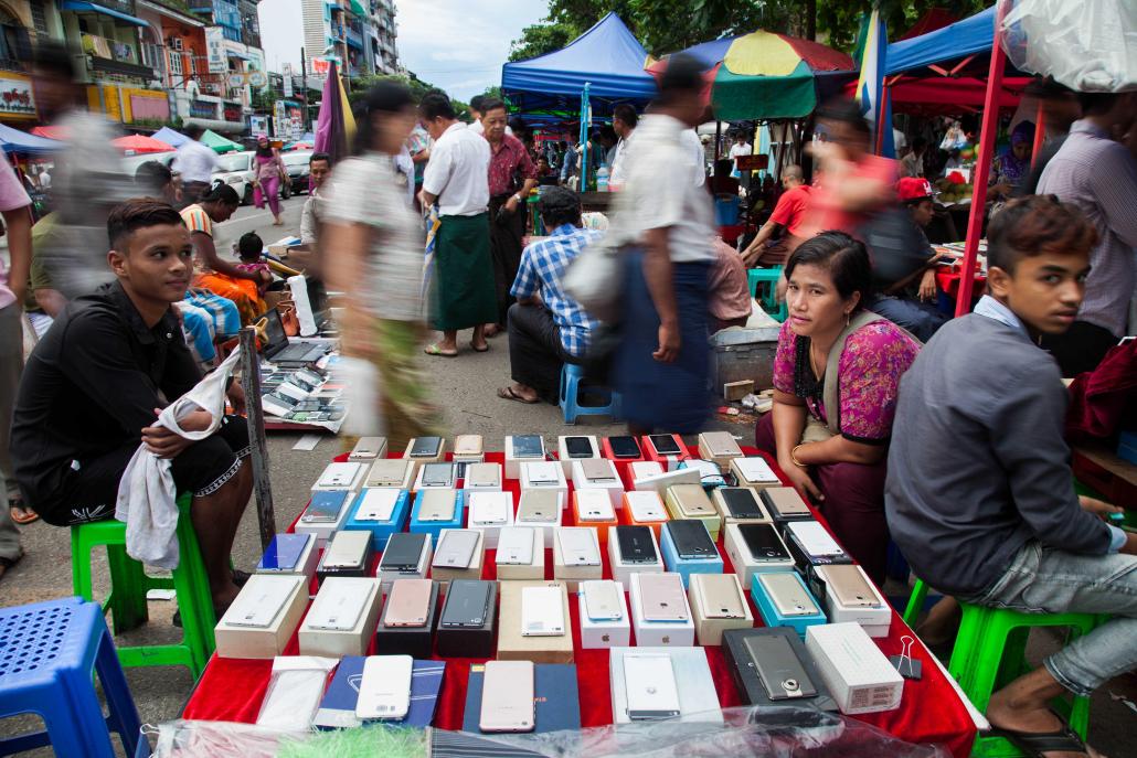 Handsets on sale beside the road in downtown Yangon. (Theint Mon Soe aka J | Frontier)