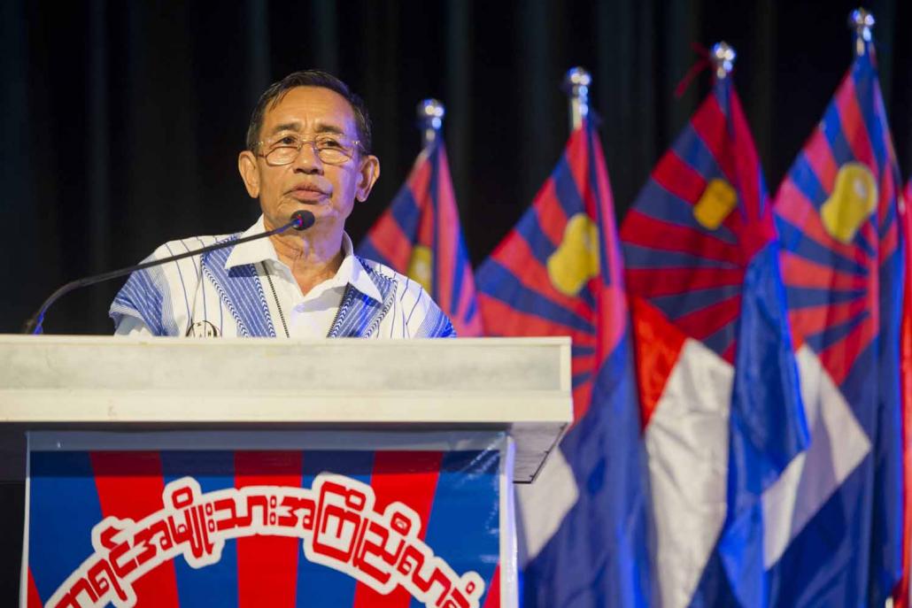 Karen National Union senior official Padoh Mahn Nyein Maung delivers an address ahead of the Karen Unity and Peace Committee conference in Yangon on July 2, 2015. (AFP)