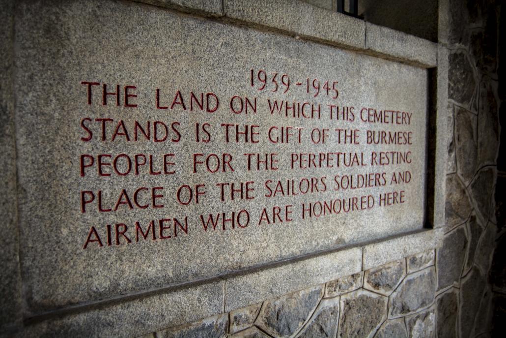 A plaque at the Rangoon War Cemetery. (Maro Verli / Frontier)