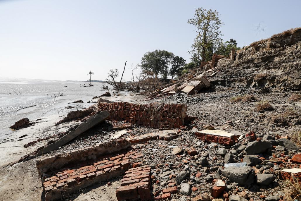 The remains of the foundations of a house in Ta Dar U village, where the Sittaung River has been steadily devouring the riverbank, forcing residents to relocate.