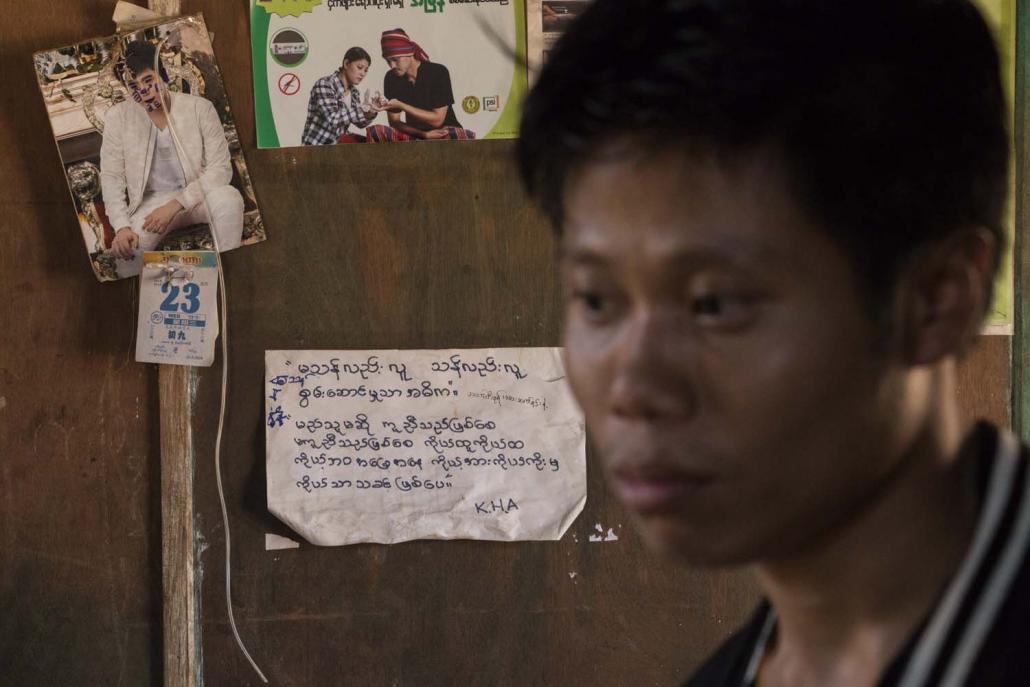 A handwritten note in Ko Kan Htoo Aung's home says, 'whether we are disabled or not, we are all human'. (Nyein Su Wai Kyaw Soe | Frontier)