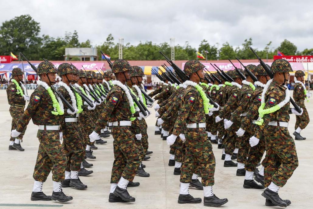 Troops on parade at Shwe Kokko Myaing to mark the ninth anniversary of the Border Guard Force. (Nyein Su Wai Kyaw Soe | Frontier)