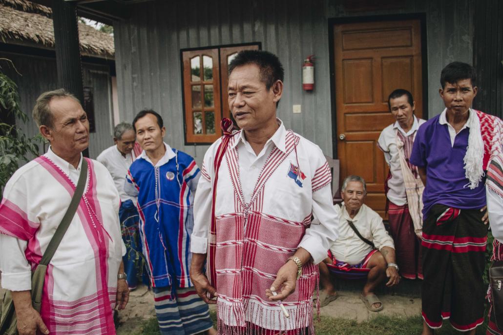 Lun Nya villager Saw Hla Ngwe, centre, says residents were shot at when trying to inspect the quarries last month. (Nyein Su Wai Kyaw Soe | Frontier)