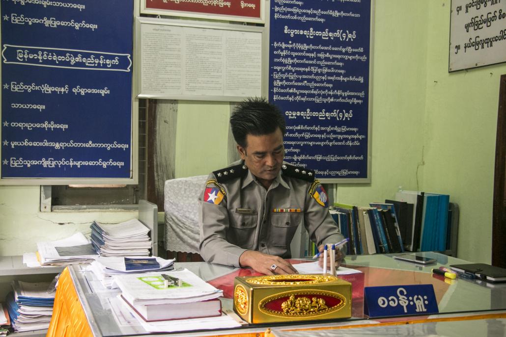 Police Captain Htoo Zaw Oo, who is leading the investigation in Zin Kyaik. (Nyein Su Wai Kyaw Soe | Frontier)