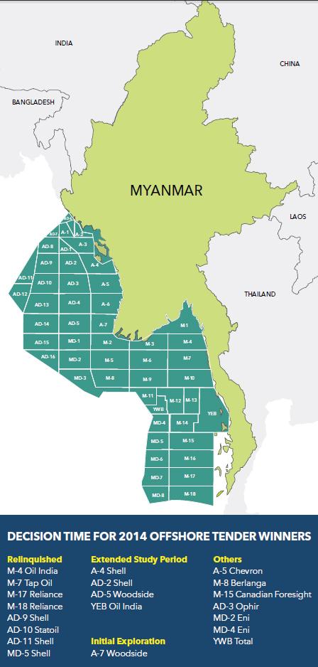 A map of Myanmar's offshore oil and gas exploration blocks. (Frontier)