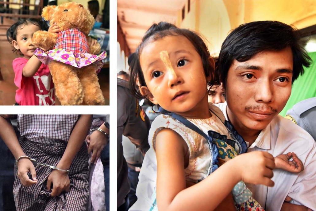 Ko Kyaw Soe Oo holds his daughter Moe Thin Wai Zin. (Steve Tickner | Frontier)