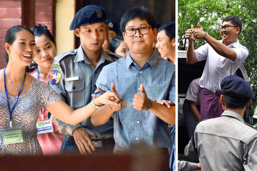 Ko Wa Lone with his wife Ma Pan Ei Mon at an earlier hearing in Insein Court. (Steve Tickner | Frontier)