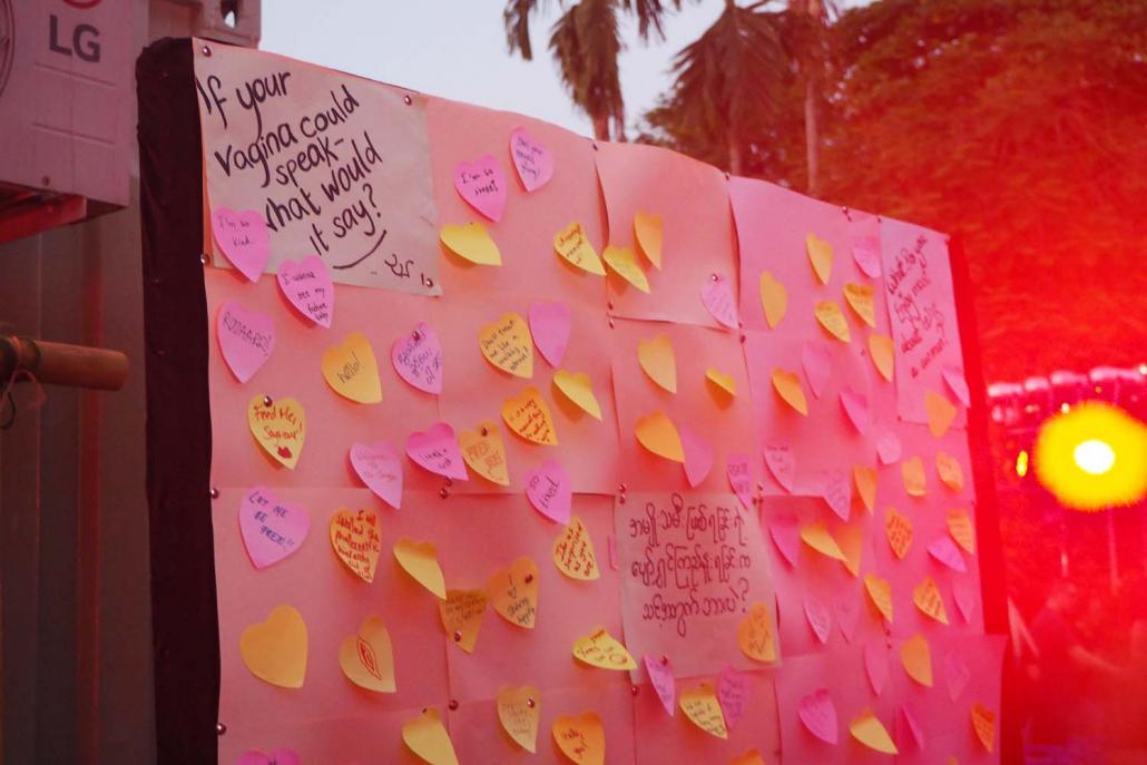 Post-It Notes with messages left by attendees at the English-language performance of The Vagina Monologues. (Tanvi Riise | Frontier)