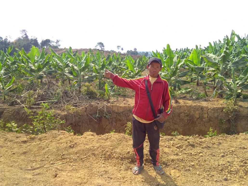 U Na Lawn, a watermelon farmer, stands before banana plantations in Aung Myay Two village. (Emily Fishbein | Frontier)