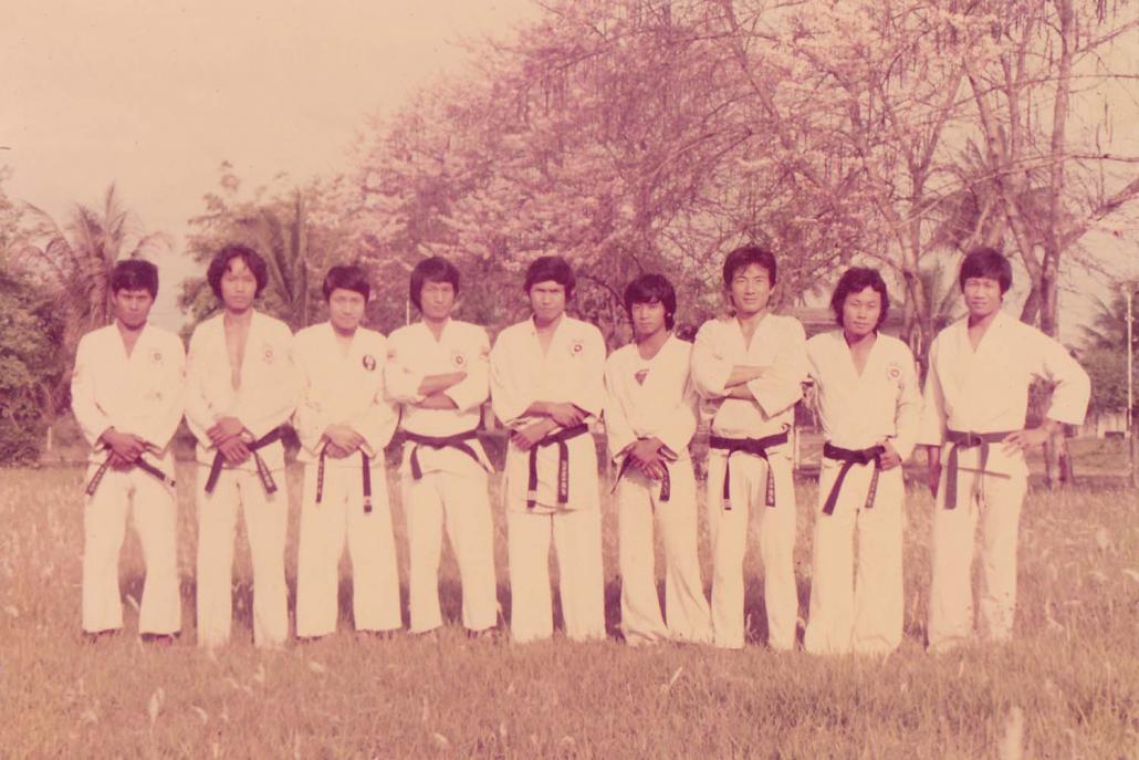 Sumlut Gun Shawng (far right) with some of his karate students in Myitkyina around 1979. (Supplied)
