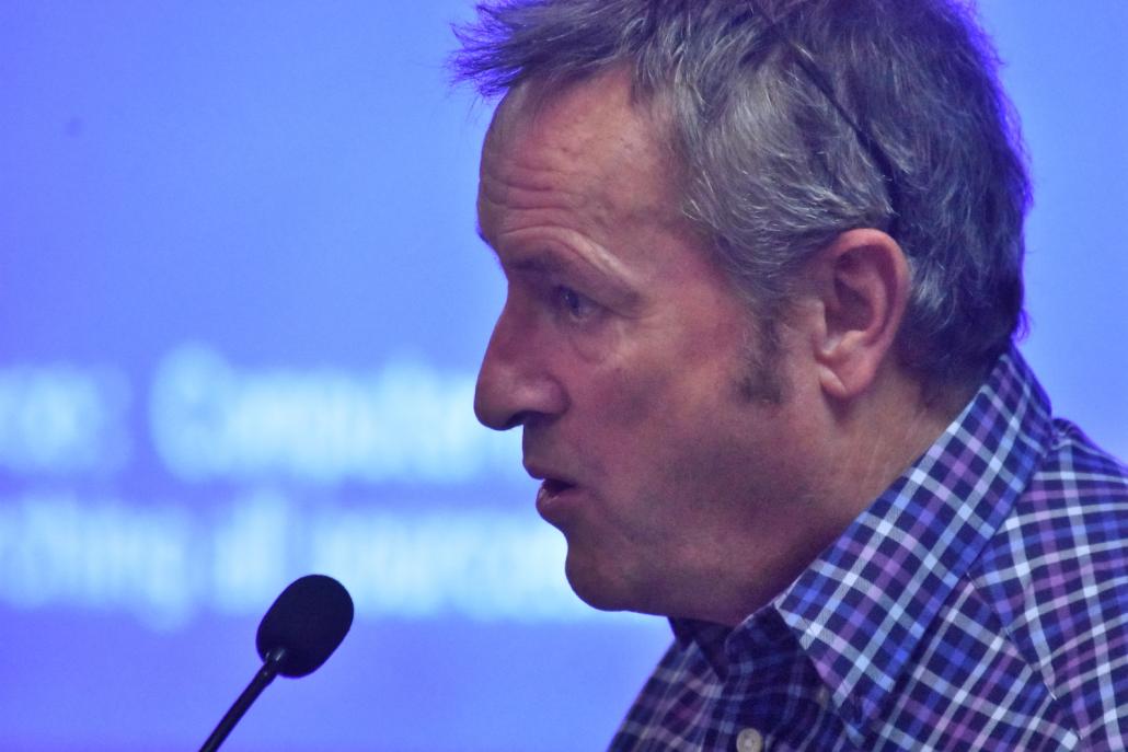 San Francisco-based ethnomusicologist and anti-Rohingya activist Mr Rick Heizman speaks on the premises of Yangon University, Myanmar's oldest and best-known university. (Steve Tickner | Frontier)