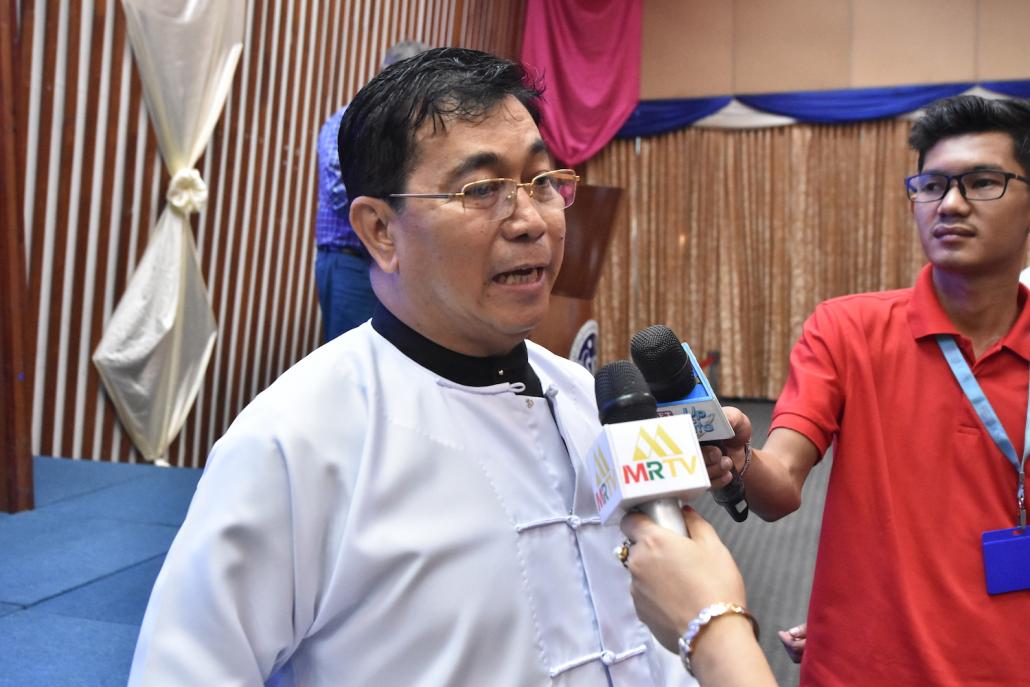 Yangon Region Rakhine Ethnic Affairs Minister U Zaw Aye Maung talks to reporters at the event "Hidden Truths of Western Frontier in Rakhine state", featuring Mr Rick Heizman, at Yangon University's Hlaing Campus on November 7. (Steve Ticker | Frontier) 