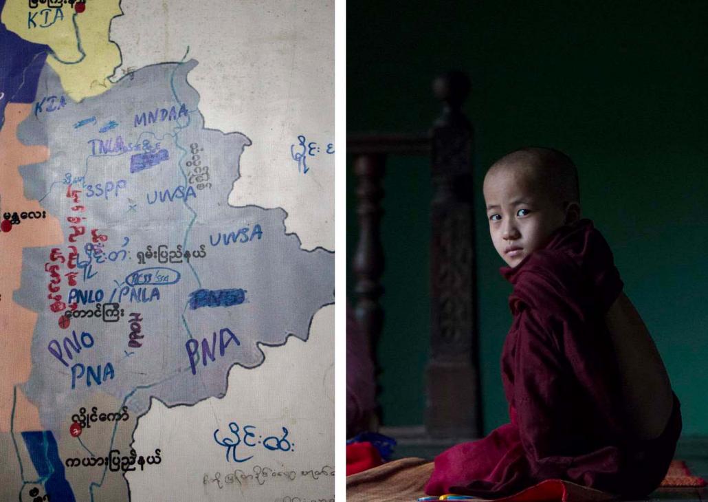 On a wall in Kalaywa Tawya monastic school, older novices have put up a large map of Myanmar that they use to instruct younger novices in the sorrowful geography of the country’s armed conflicts. (Thuya Zaw | Frontier)