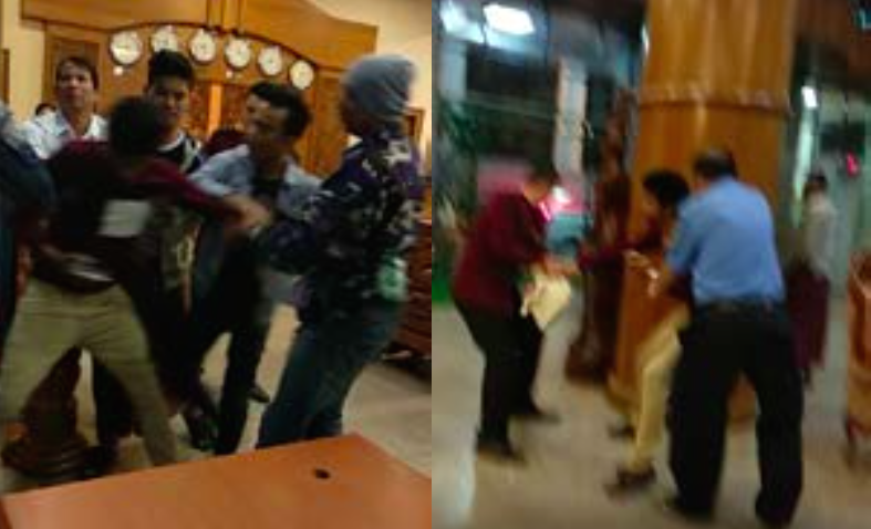 Screenshots from a mobile phone video of Ko Than Toe Aung’s arrest, taken in the lobby of the Asia Plaza Hotel. (Supplied)