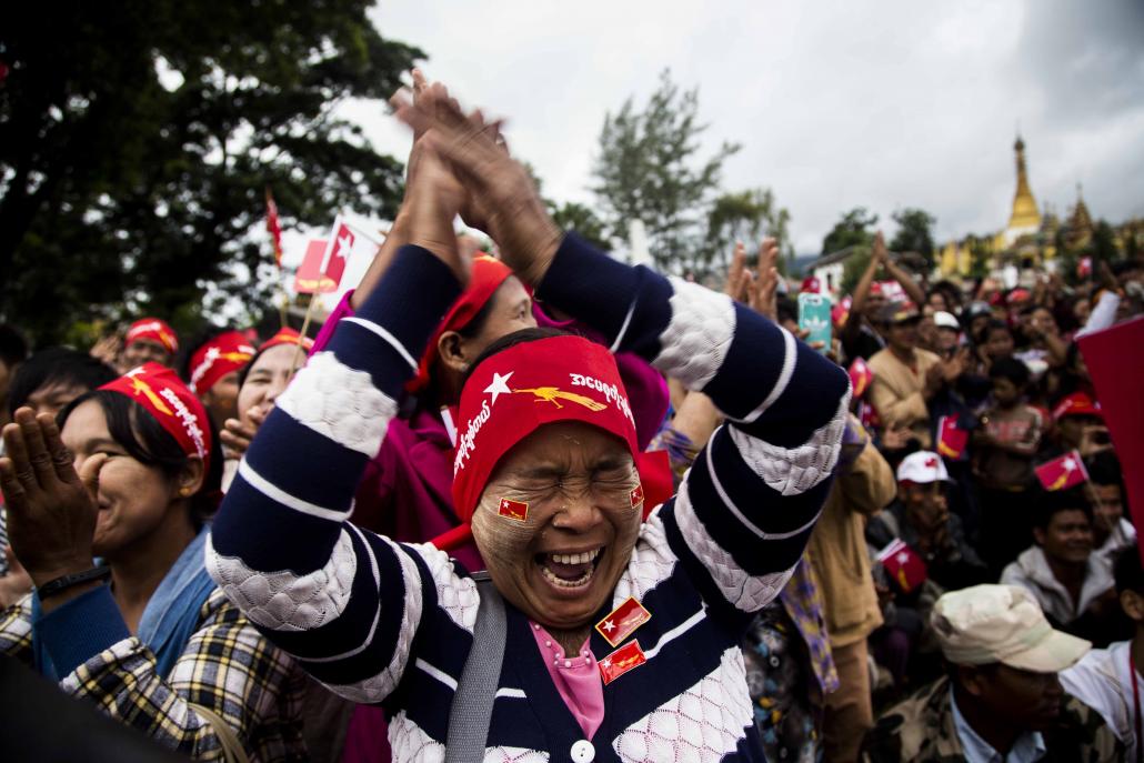 An ecstatic NLD supporter at a rally led by Daw Aung San Suu Kyi in Hopong township, Shan State, on September 6. (Ann Wang / Frontier)