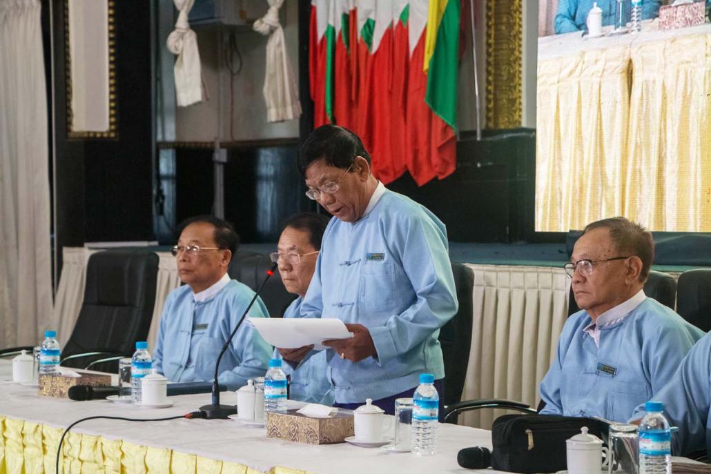 YCDC election commission chair U Aung Khine announces the results on April 1. (Thuya Zaw | Frontier)