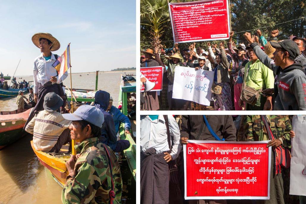 A protest on the Ayeyarwady River against sand mining in Shwedaung Township, Bago Region was held on January 16. (Thuya Zaw | Frontier)