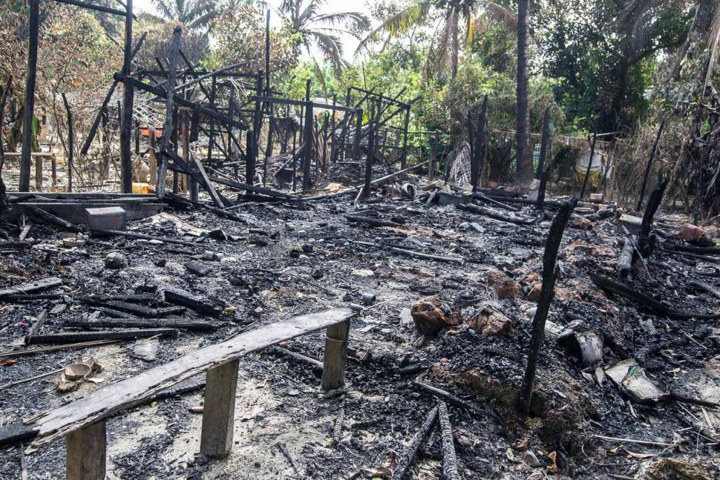 A burned home in a Muslim village in Maungdaw. The government has rejected allegations that the military is responsible for the destruction of up to 1,500 buildings. (Teza Hlaing / Frontier)