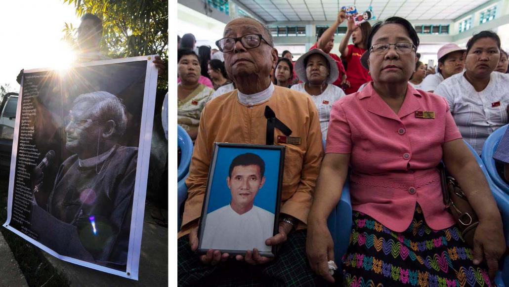 Mourners hold pictures depicting slain lawyer U Ko Ni and taxi driver U Nay Win at their funerals in Yangon. (Steve Tickner | Frontier)