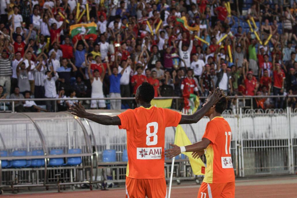 Myanmar National League Stars player Joseph Mpande celebrates. (Nyein Su Wai Kyaw Soe | Frontier)