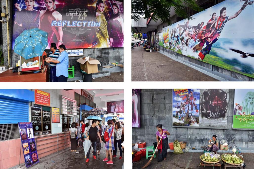 Movie posters on the wall of Thamada Cinema in Dagon Township. The lack of cinemas means directors have to lobby cinema owners for the chance to have their film screened. (Steve Tickner | Frontier)