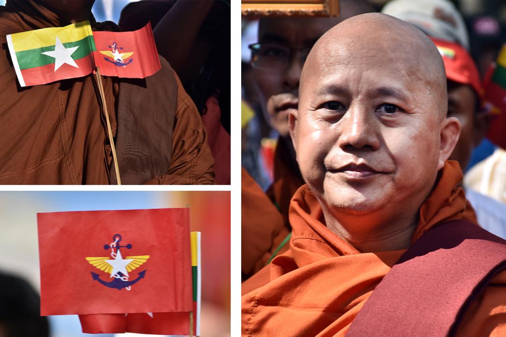 Wirathu (right) was banned March 10, 2017 from delivering public sermons for one year. (Steve Tickner | Frontier)