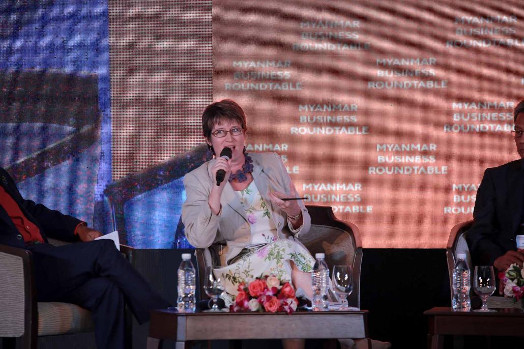 Myanmar Centre for Responsible Business director Ms Vicky Bowman speaks during a business roundtable held on the sidelines of the Asian Forum for Corporate Social Responsibility in Nay Pyi Taw on September 19. (Supplied)