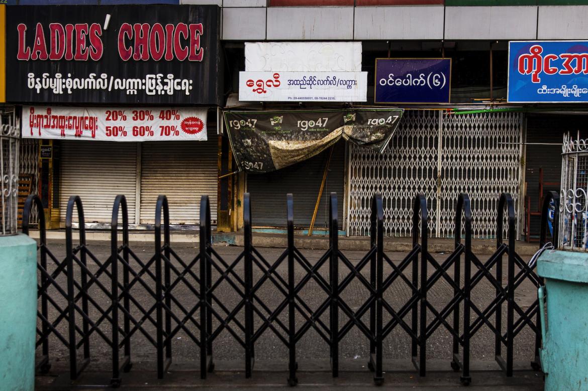 Stores seen shuttered in Yangon during the COVID-19 lockdowns in 2020. (Frontier)