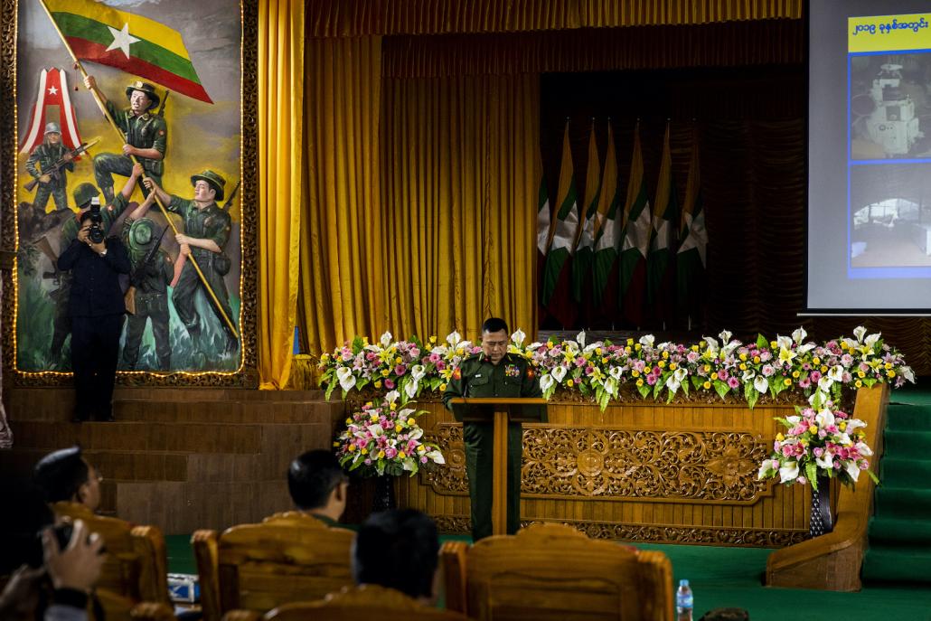 Major General Aung Zaw Aye briefs journalists and foreign military attaches about recent drug seizures by security forces, at the North Eastern Command in Lashio, Shan State. (Hkun Lat | Frontier)