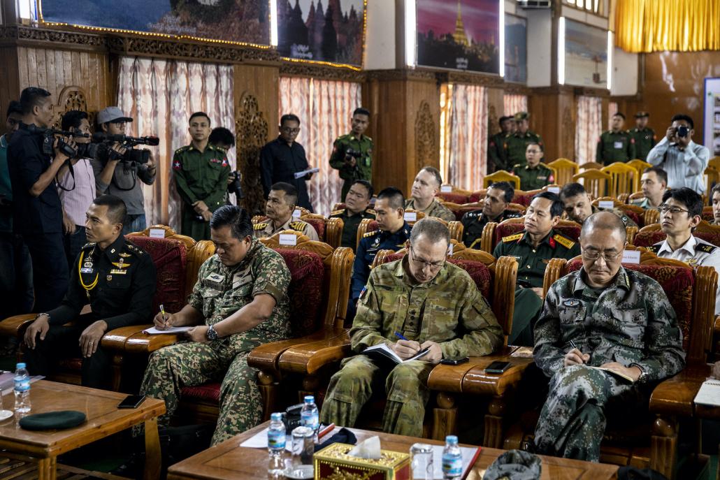 The Tatmadaw held a briefing at the North Eastern Command before flying military attaches and journalists by helicopter to Kutkai. (Hkun Lat | Frontier)