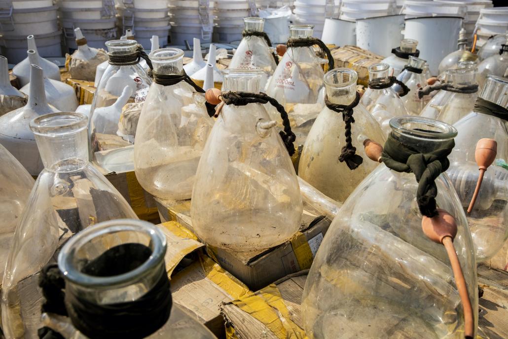 Laboratory equipment used for drug production was also seized in the recent raids and displayed alongside the drugs. (Hkun Lat I Frontier)