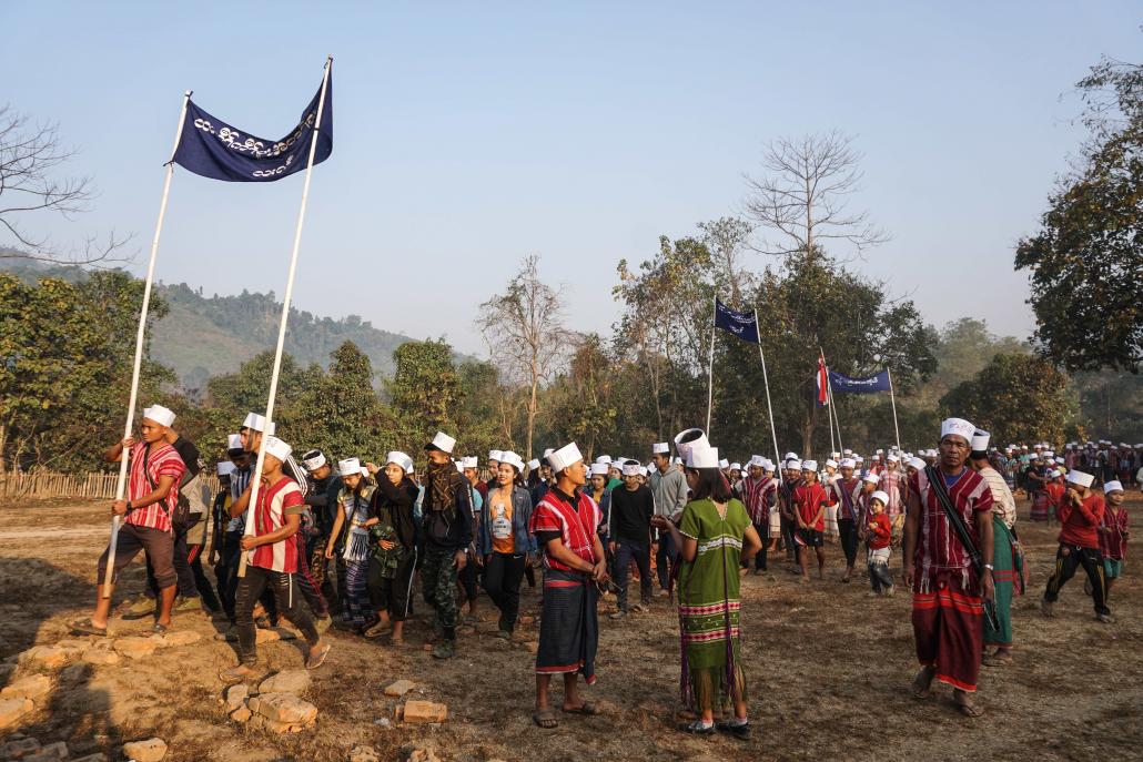 Karen villagers in Day Bu Noh protest Tatmadaw road-building on Karen National Day, February 11. (Vincenzo Berezini | Frontier)