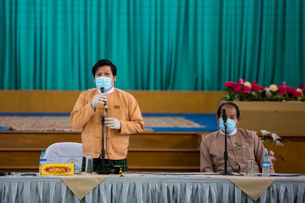 Yangon Region Minister for Social Affairs U Naing Ngan Lin speaks at a press conference at Phaunggyi on April 22. (Thuya Zaw | Frontier)