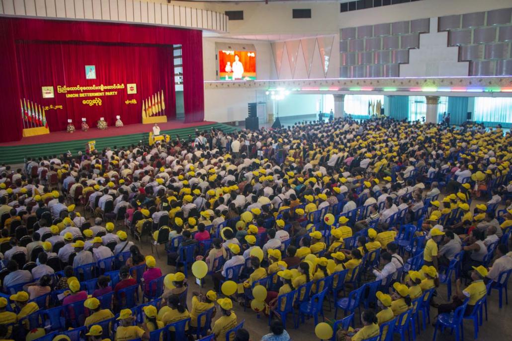 Shwe Mann speaks at a meeting of the Union Betterment Party in Yangon on June 29, 2019. (Thuya Zaw | Frontier)