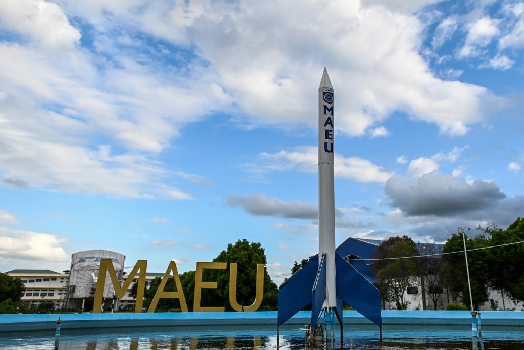 A mock rocket is displayed on the campus of the Myanmar Aerospace Engineering University in Meiktila. (AFP)
