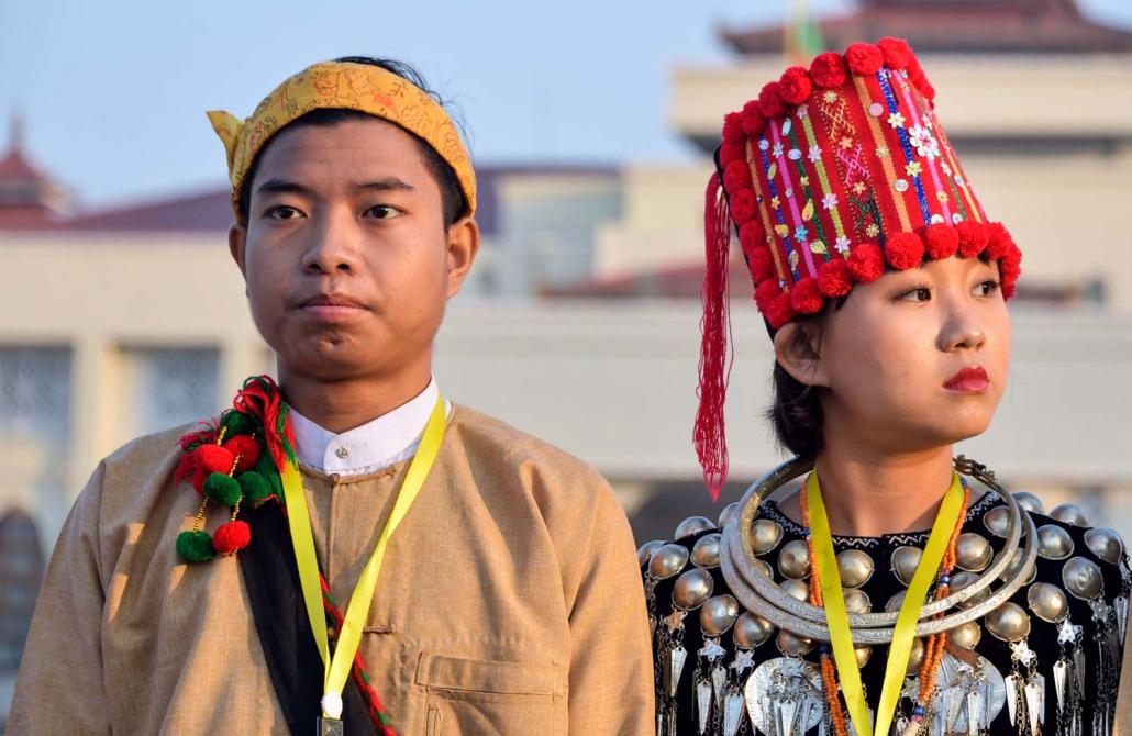 A man and woman in Jinghpaw dress attend a Union Day event in Nay Pyi Taw on February 12, 2019. (AFP)