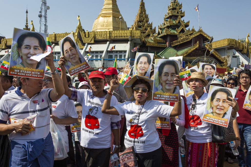 On Tuesday in Yangon, thousands marched in the streets before gathering at Maha Bandoola Park outside City Hall. (Hkun Lat | Frontier)