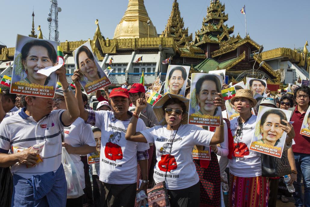 On Tuesday in Yangon, thousands marched in the streets before gathering at Maha Bandoola Park outside City Hall. (Hkun Lat | Frontier)