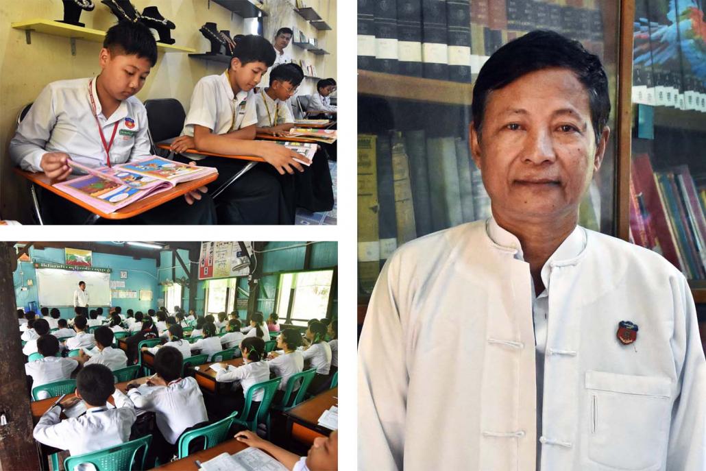 U Toe, the secretary of Aung San Thuriya Hla Thaung and a volunteer teacher. He says the school's high academic achievement is because of the discipline instilled by its military officer headmaster. (Steve Tickner | Frontier)