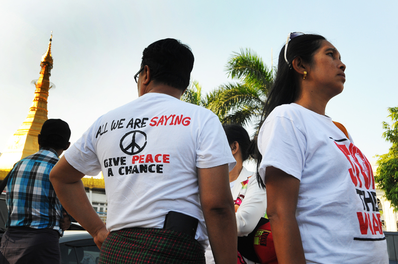 Activists gather in Yangon's Mahabandoola Park for a peace march in February 2017. (Steve Tickner | Frontier)
