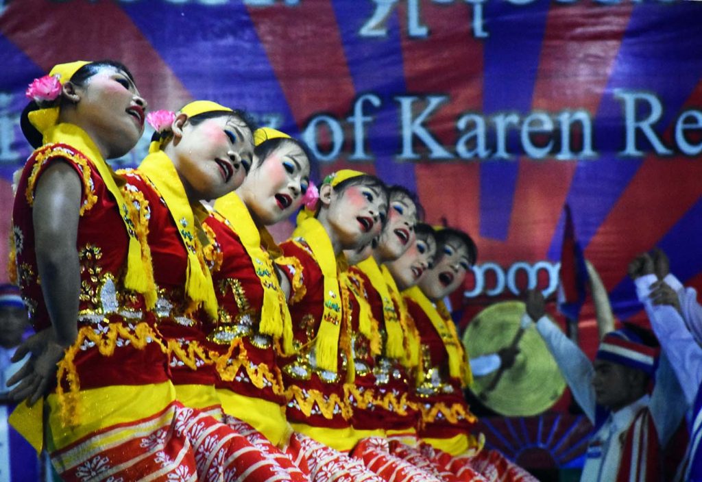 Traditional Karen don dancing at the 70th Karen Revolution Day celebrations at Klo Yaw Lay, Kayin State, in January 2019. (Steve Tickner | Frontier)