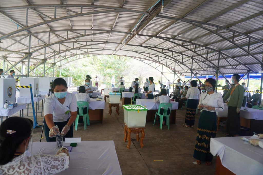 The Union Election Commission rehearses a socially distanced polling station in Nay Pyi Taw on June 12. (Supplied)